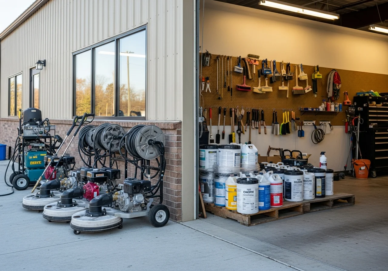Professional exterior cleaning crew with pressure washing equipment and restoration tools ready for service.
