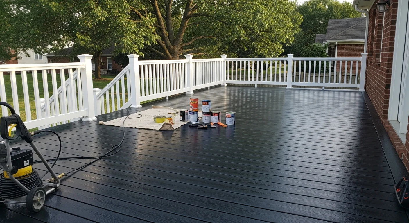 Restored and stained wooden deck in a residential backyard