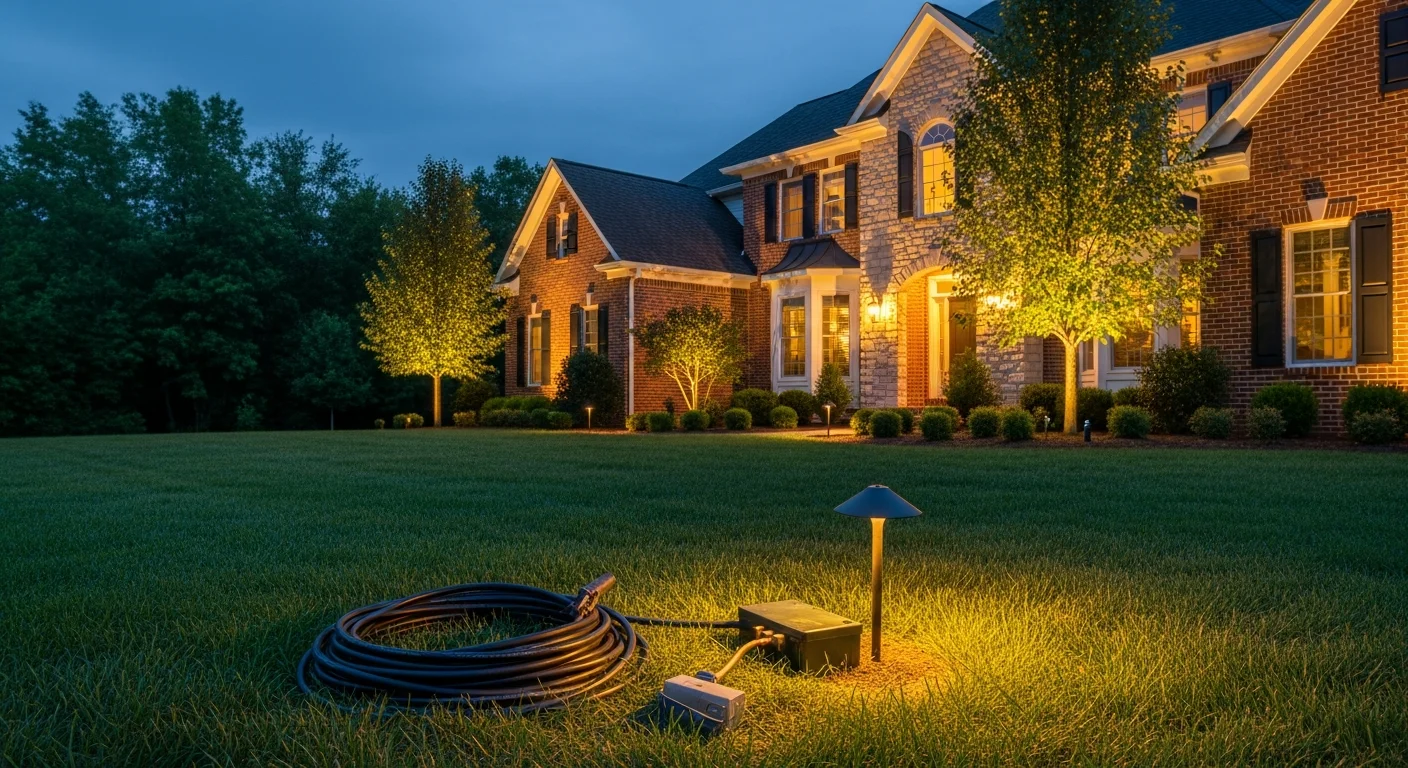 Residential home with permanent landscape lighting and holiday decorations