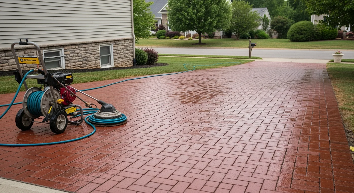 Professional pressure washing cleaning a residential driveway in Georgetown Kentucky