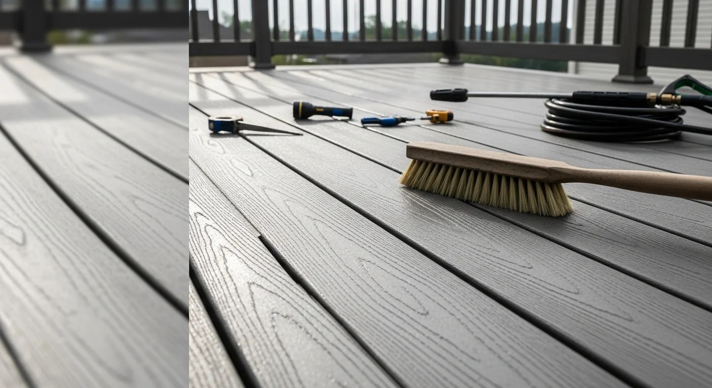 A clean composite deck on a Georgetown, KY home after professional maintenance, showing clear board gaps, secure railings, and a stain-free surface. The deck is set against a residential backyard typical of Scott County neighborhoods.