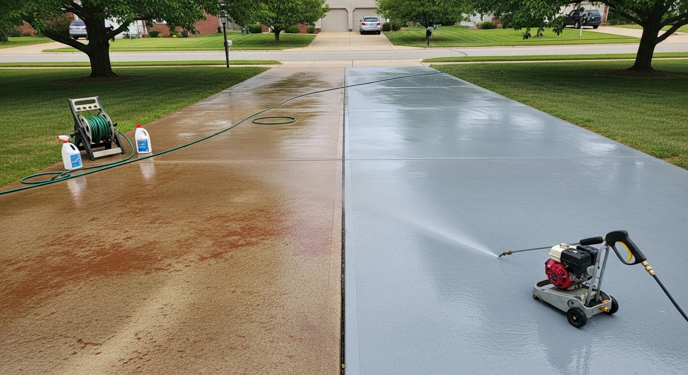 A Georgetown, KY residential driveway after professional concrete cleaning, showing a bright, stain-free surface with no algae or red clay discoloration. The cleaned concrete contrasts with the surrounding landscaping on a typical Scott County property.