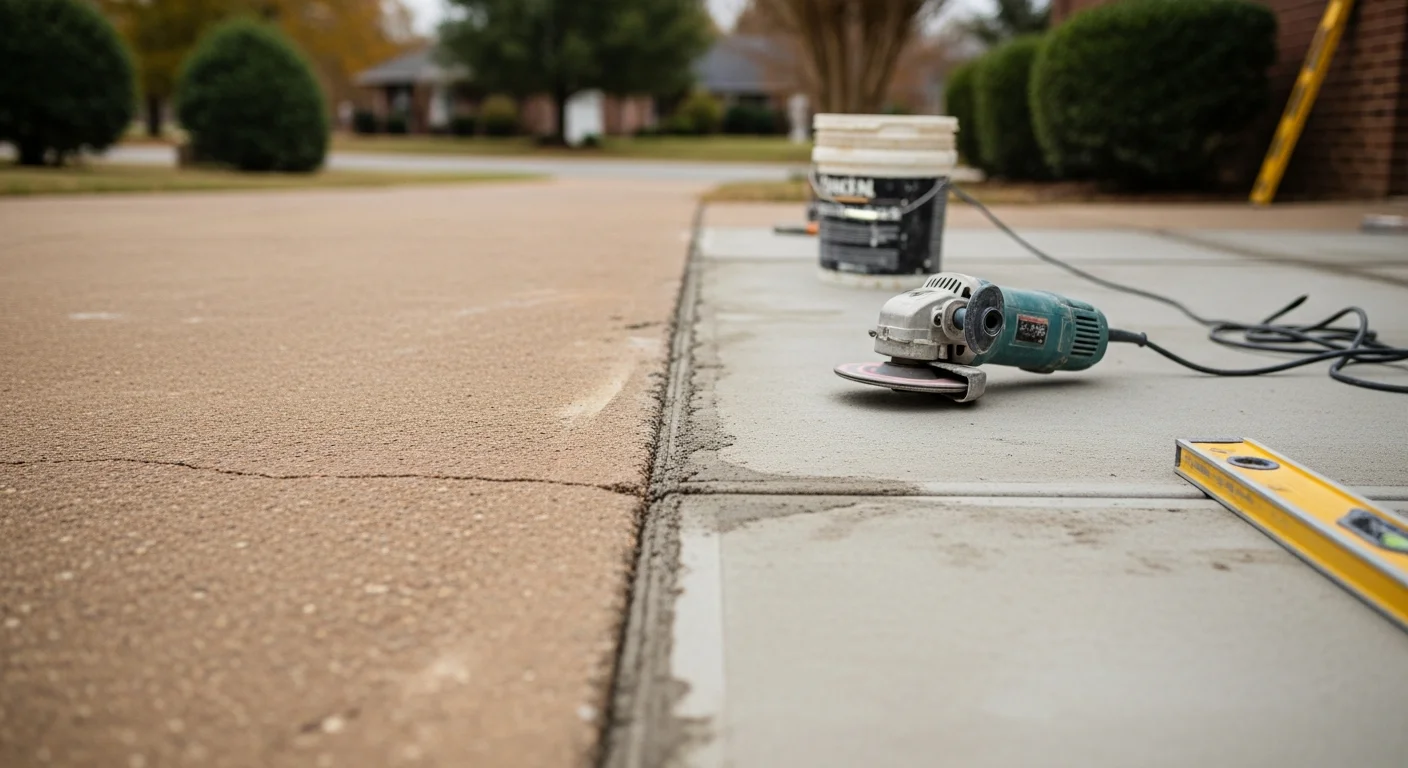 Repaired residential concrete driveway in Georgetown, KY showing a smooth, crack-free surface after professional concrete repair work. Close view highlights restored slab edges and sealed joints on a Scott County home.