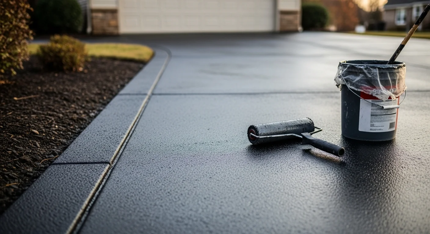 A freshly sealed concrete driveway in Georgetown, KY with a uniform sheen reflecting the surrounding landscape. The surface shows no staining or cracking, with clean edges along the garage apron.