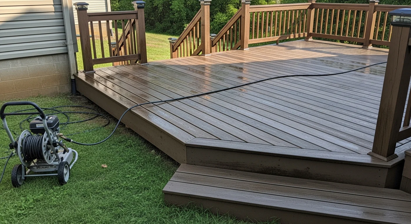 A Georgetown, KY residential wood deck after professional cleaning by Legacy Exterior Solutions LLC, showing clean, evenly colored boards free of green algae and black mold staining. The deck is attached to the rear of a single-family home with visible yard and tree line in the background.