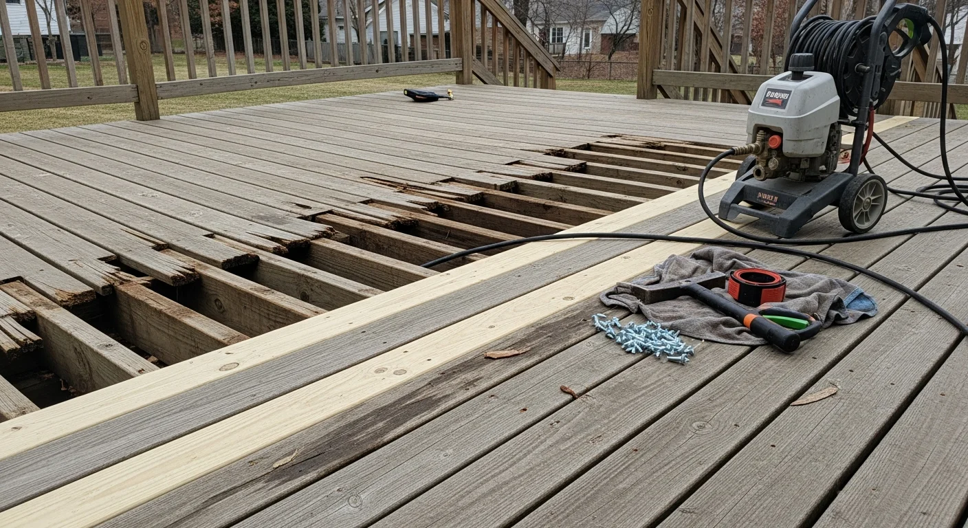 A repaired residential deck in Georgetown, KY with replaced boards, secured railings, and a clean surface finish. The deck is attached to the back of a single-family home with a yard visible in the background.