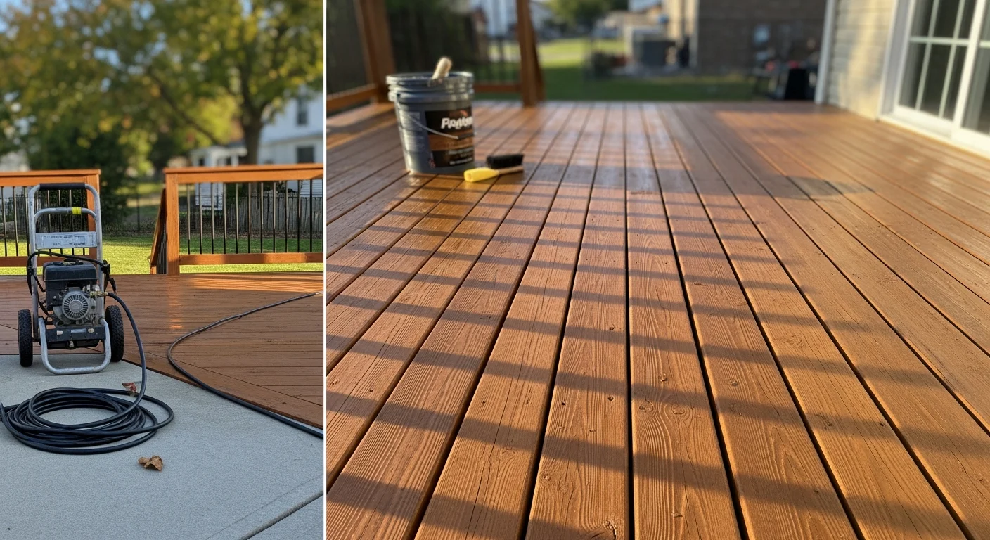 A restored wood deck on a Georgetown, KY home showing clean, evenly stained boards with no gray weathering or surface mildew. The deck surface is smooth and sealed, with a backyard visible in the background typical of a Scott County residential property.