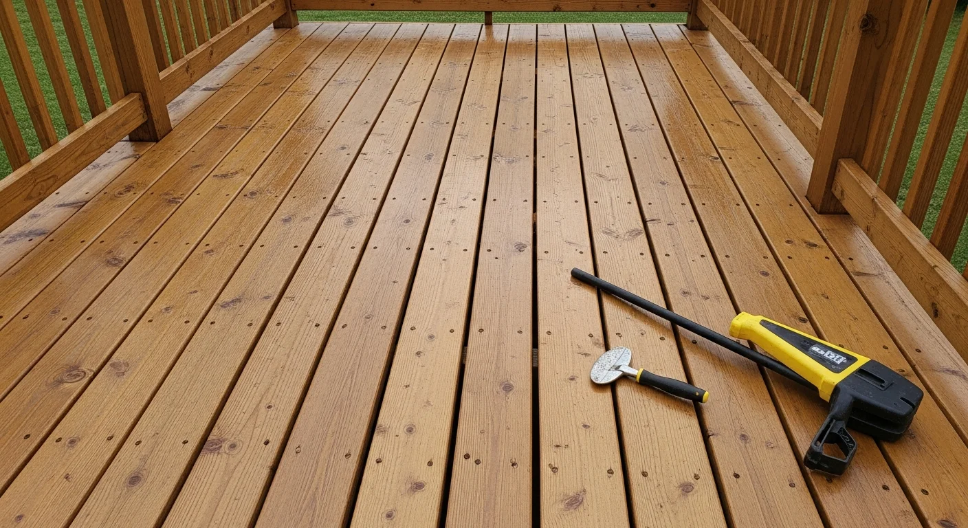 A freshly sealed wood deck on a Georgetown, KY home showing even sealant coverage across the boards, railings, and stair treads. The wood grain is visible and the surface shows a clean, water-resistant finish.