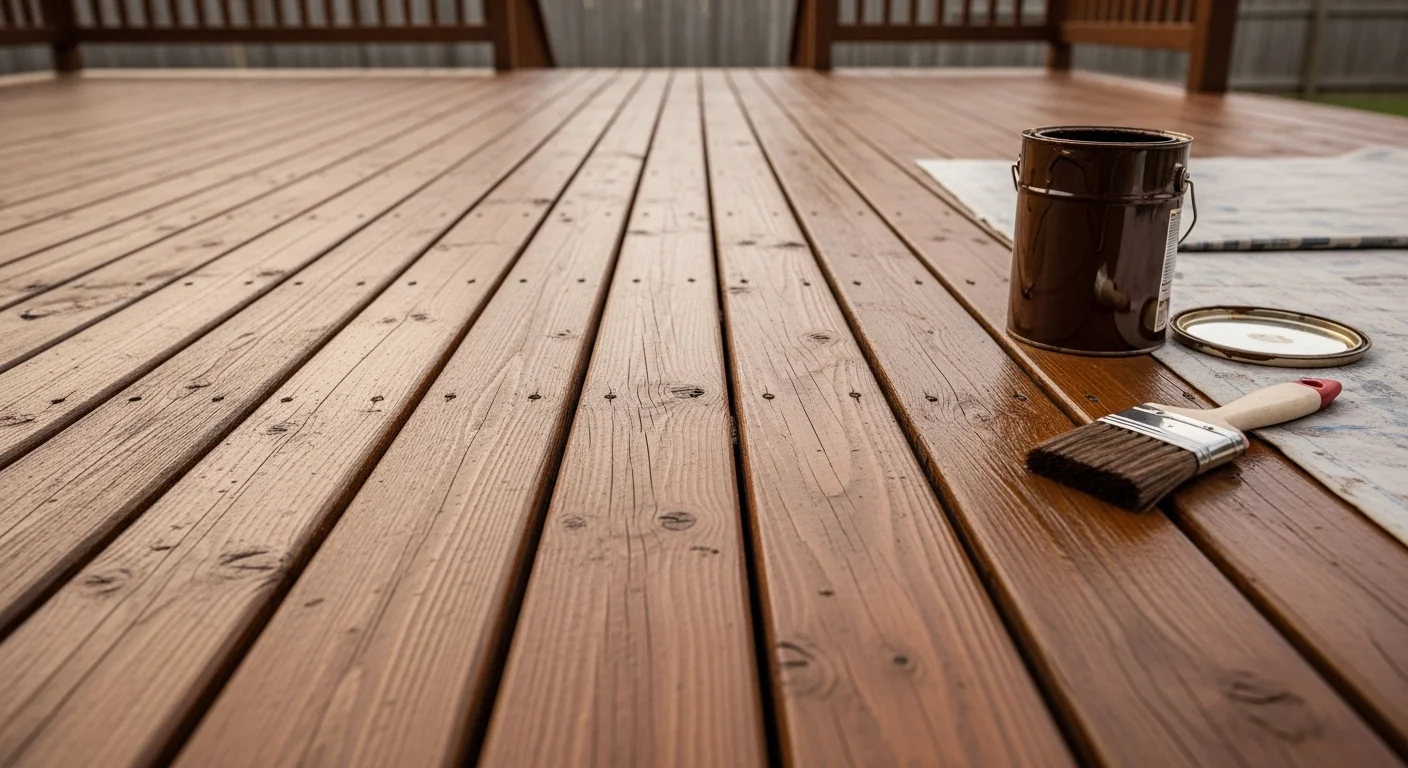 A freshly stained wood deck behind a Georgetown, KY home, showing an even, rich finish across the deck boards and railing. The surrounding yard reflects a typical Scott County residential property with mature trees and green grass.