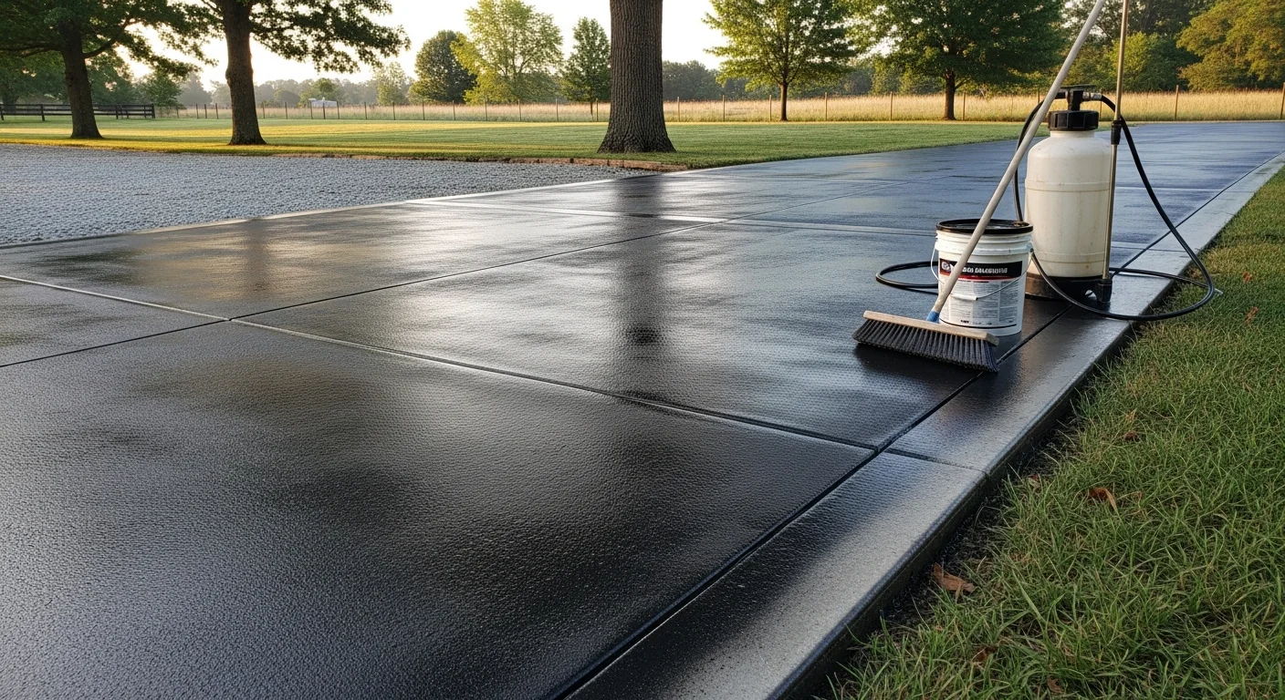 A freshly sealed concrete driveway at a residential property in Georgetown, KY, showing a clean, uniform surface with no visible cracks or staining. The sealed finish reflects natural light evenly across the full driveway width.