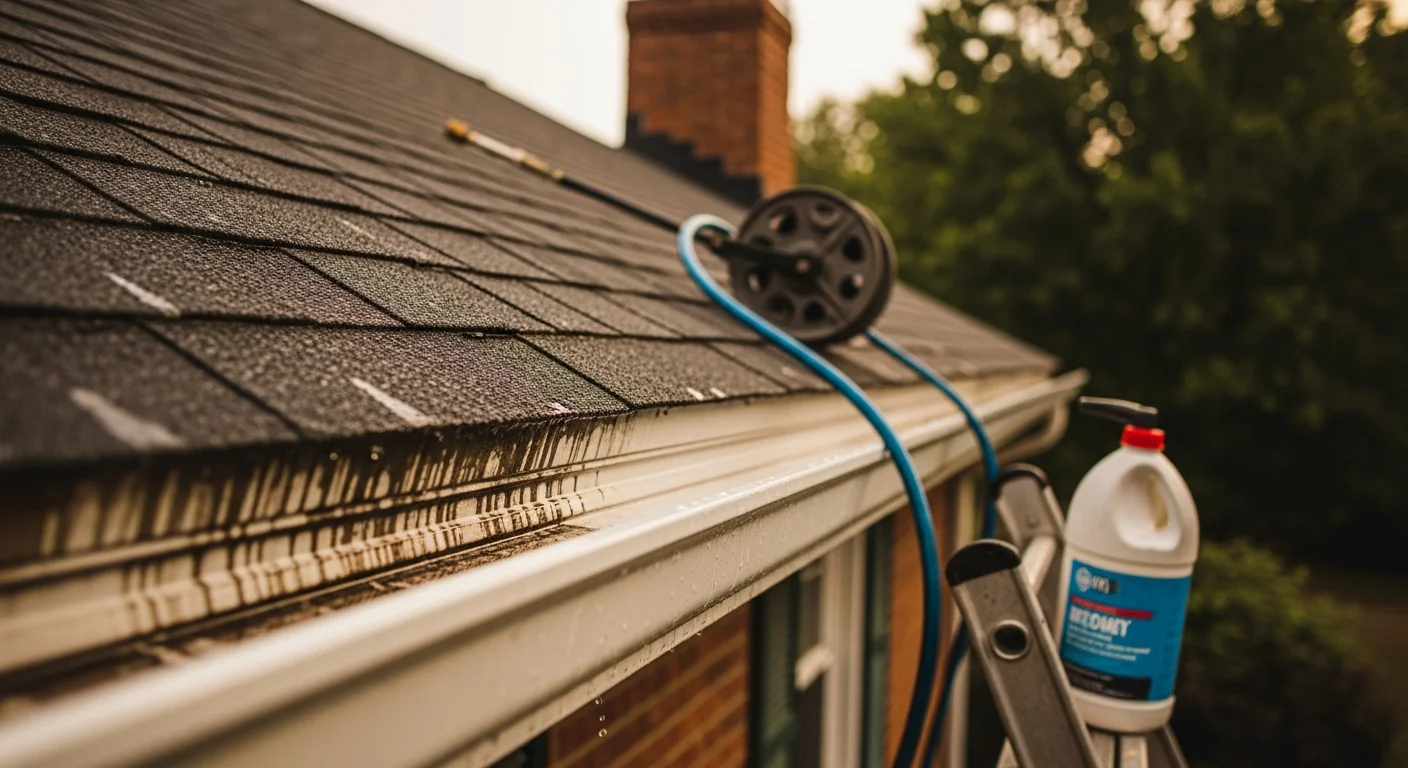 Close-up of a Georgetown, KY home's gutters showing the before-and-after contrast of dark oxidation streaks removed by professional gutter brightening. The restored gutter face shows clean, even coloring along the roofline.