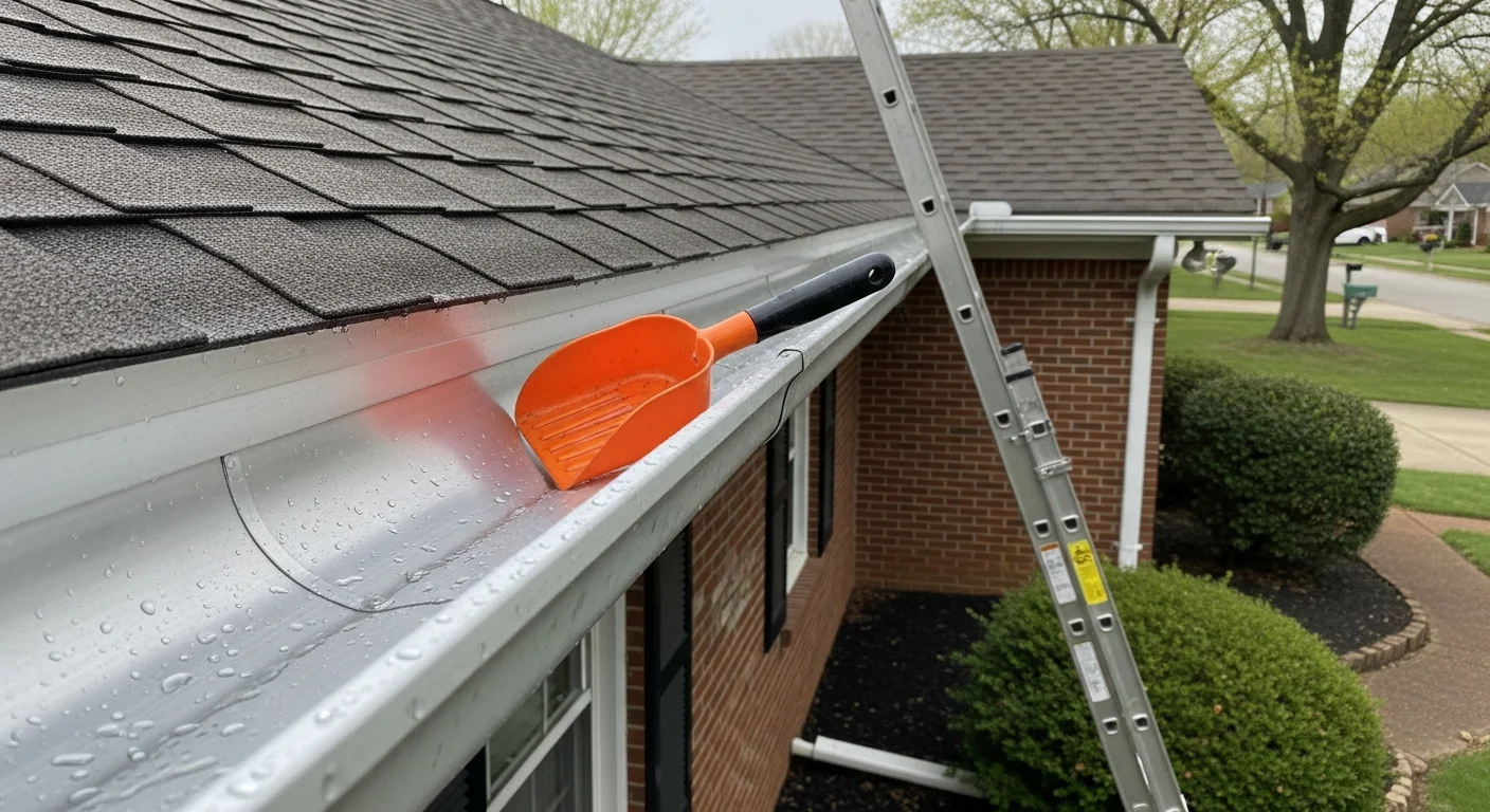 A technician from Legacy Exterior Solutions LLC removing packed leaf debris and seed pods from a residential gutter on a Georgetown, KY home. The cleaned gutter section shows an open, clear trough with a flushed downspout visible at the corner of the house.