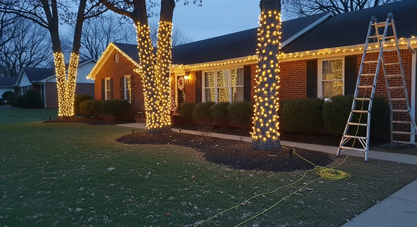 A Georgetown, KY brick ranch home with professionally installed holiday lights running evenly along the full roofline and eaves. The display is lit against a clear winter evening sky with no visible cords or uneven gaps.