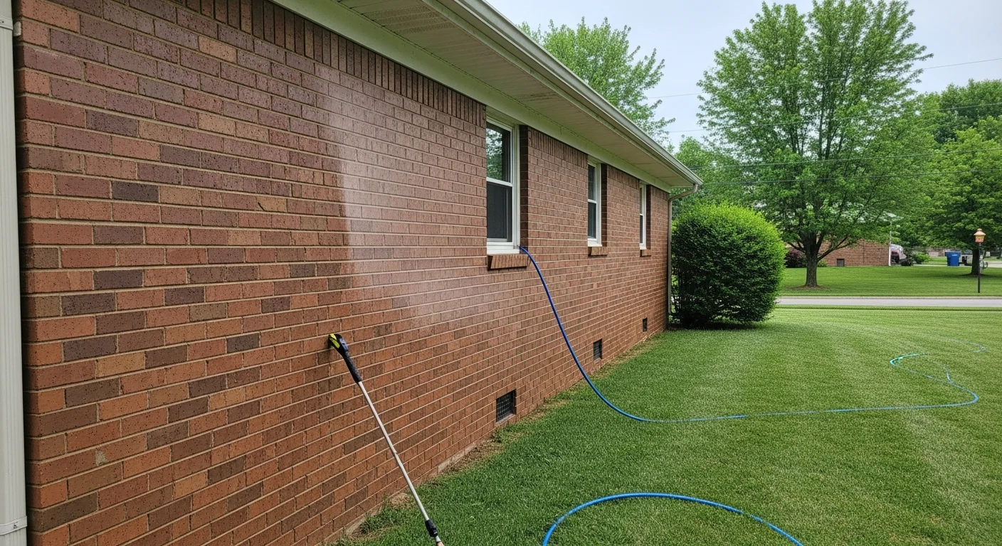 A two-story Georgetown, KY home with clean vinyl siding after professional house washing, showing no algae streaks or mildew staining on the north-facing wall. Legacy Exterior Solutions LLC technician working from ground level using a soft wash system on the home's exterior.