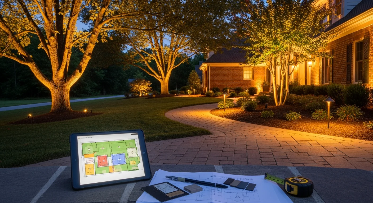 A Georgetown, KY home at night with professionally designed landscape lighting illuminating the front walkway, porch columns, and garden beds. Warm-toned fixtures highlight the home's architectural details and tree-lined front yard.