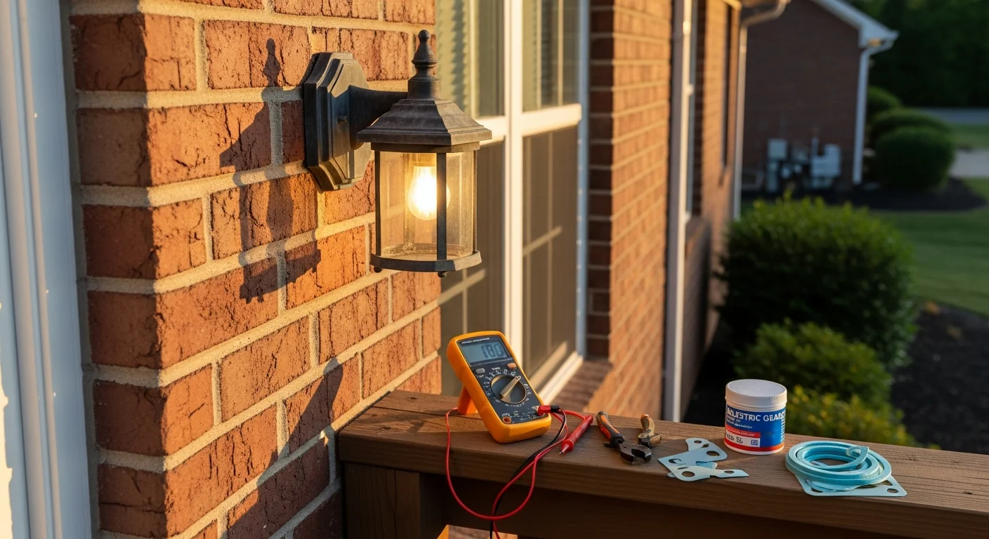 A Georgetown, KY home exterior at dusk with well-maintained outdoor lighting fixtures casting even light across the front landscape and walkway. A technician from Legacy Exterior Solutions LLC inspects a ground-mounted fixture near the front bed.