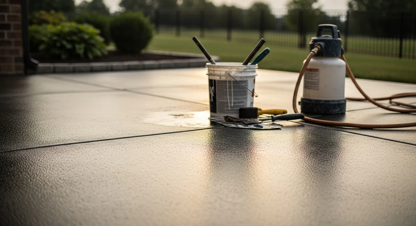 A freshly sealed concrete patio behind a Georgetown, KY home, showing an even surface with a clean, low-gloss finish. The sealed slab shows no visible staining, cracking, or surface wear.