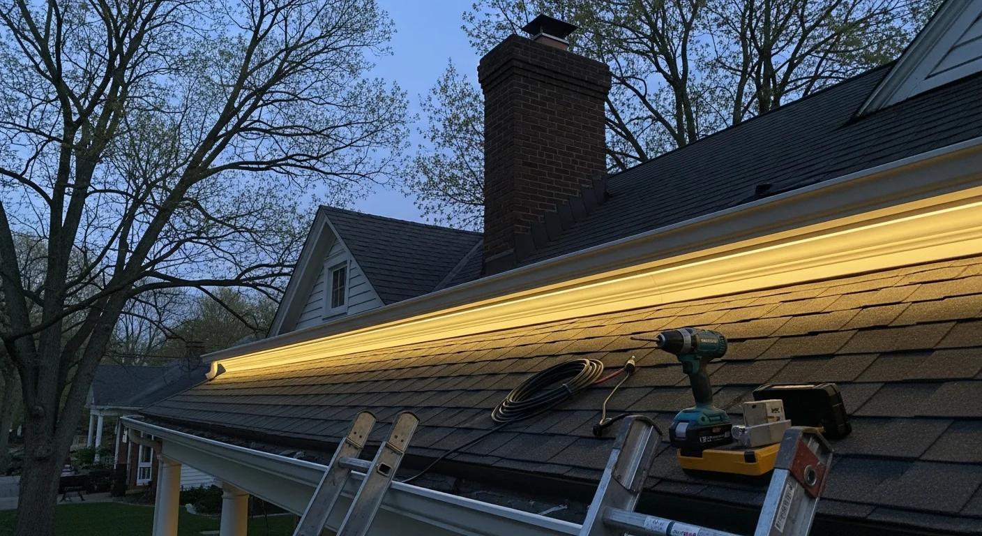 Permanent LED lighting installed along the roofline and soffit of a two-story home in Georgetown, KY, with fixtures flush-mounted to white fascia and illuminated in warm white against a dark evening sky.