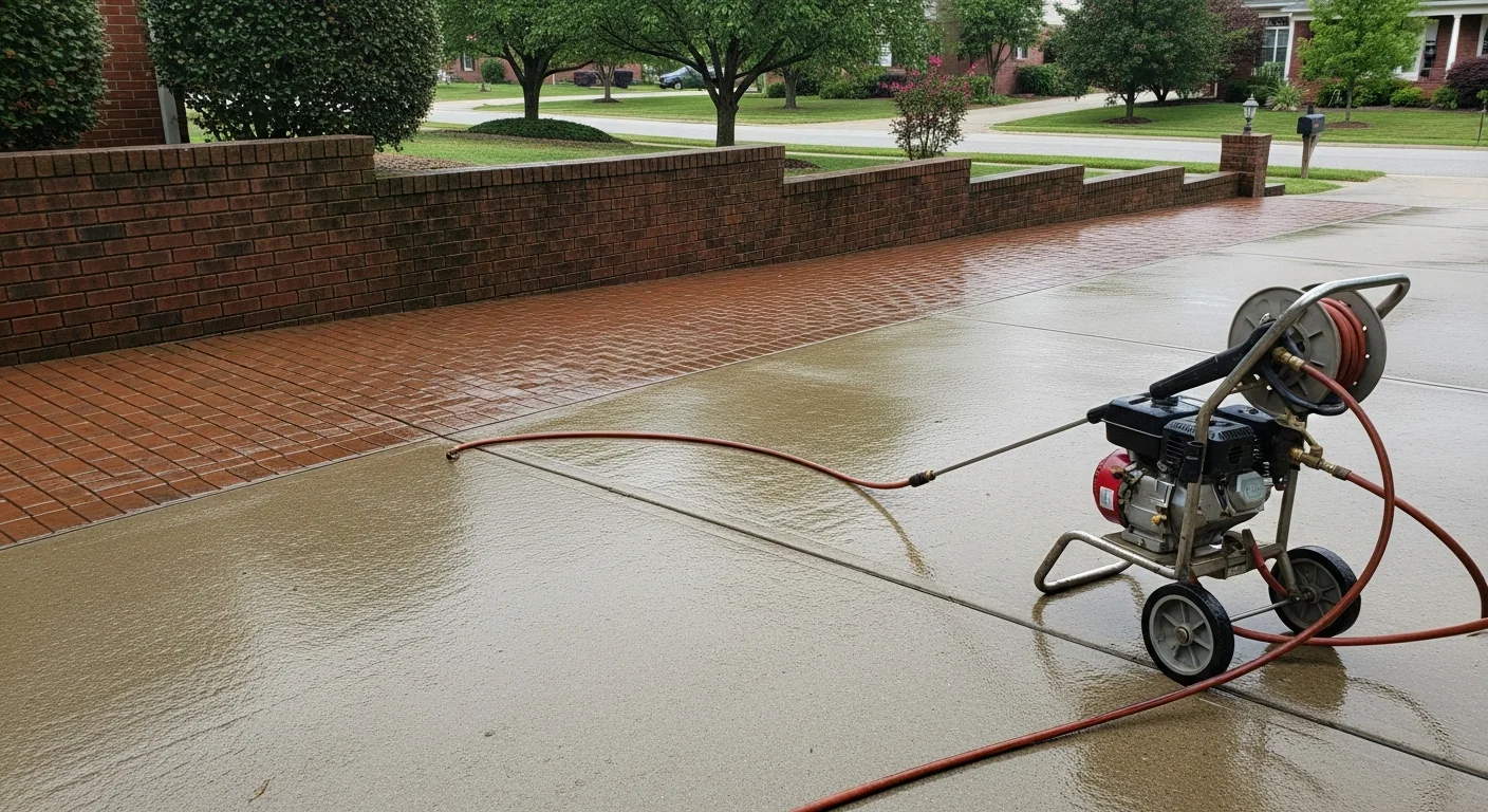 A Georgetown, KY home with clean concrete driveway and freshly washed vinyl siding after professional pressure washing service. Green algae and clay soil staining have been removed from the lower siding and walkway surface.